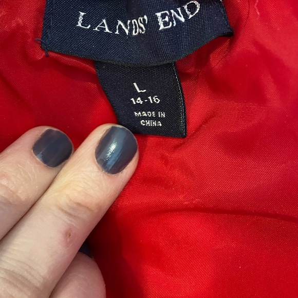 Lands End Goose Down Red Furry Hooded Vest, Large - Picture 3 of 6